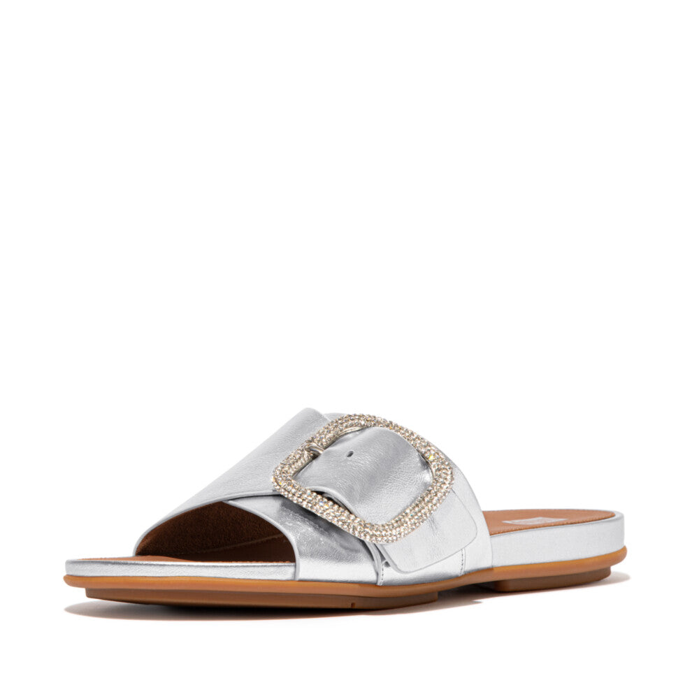 GRACIE CRYSTAL MAXI-BUCKLE METALLIC-LEATHER SLIDES