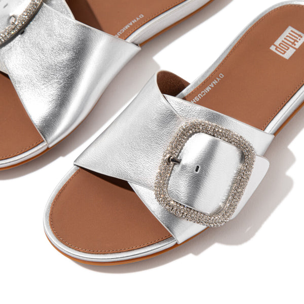 GRACIE CRYSTAL MAXI-BUCKLE METALLIC-LEATHER SLIDES