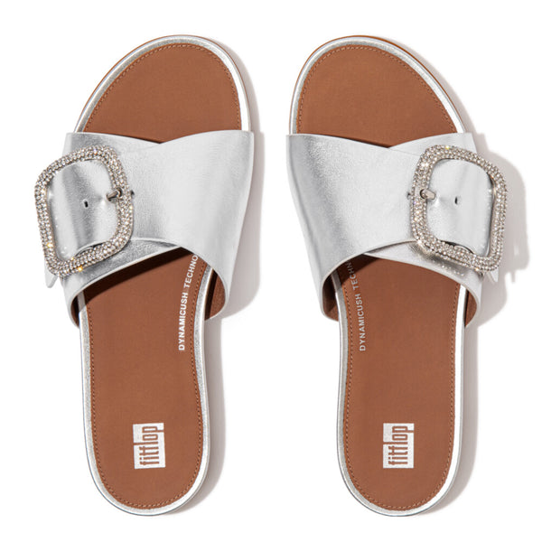 GRACIE CRYSTAL MAXI-BUCKLE METALLIC-LEATHER SLIDES