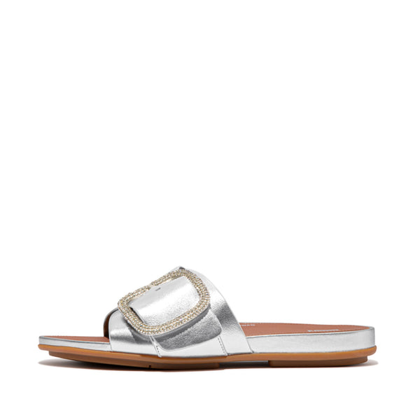 GRACIE CRYSTAL MAXI-BUCKLE METALLIC-LEATHER SLIDES