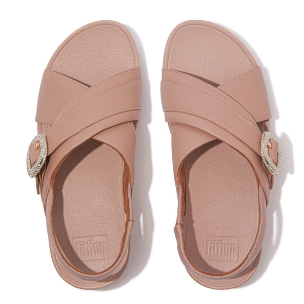 LULU CRYSTAL-BUCKLE LEATHER BACK-STRAP SANDALS