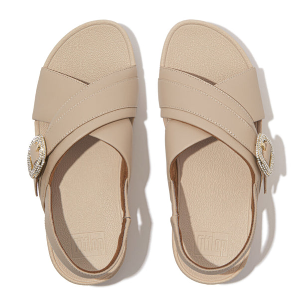 LULU CRYSTAL-BUCKLE LEATHER BACK-STRAP SANDALS