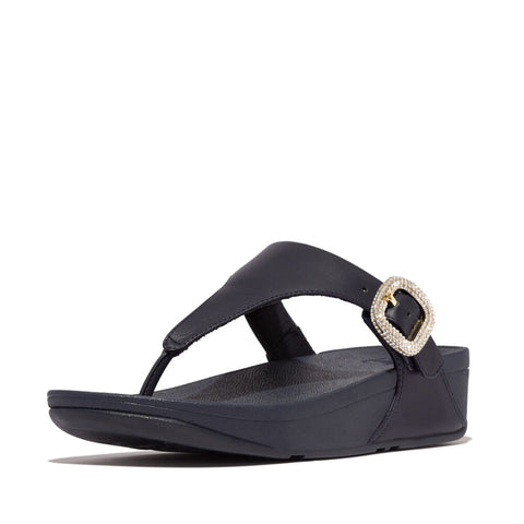 LULU CRYSTAL-BUCKLE LEATHER TOE-POST SANDALS